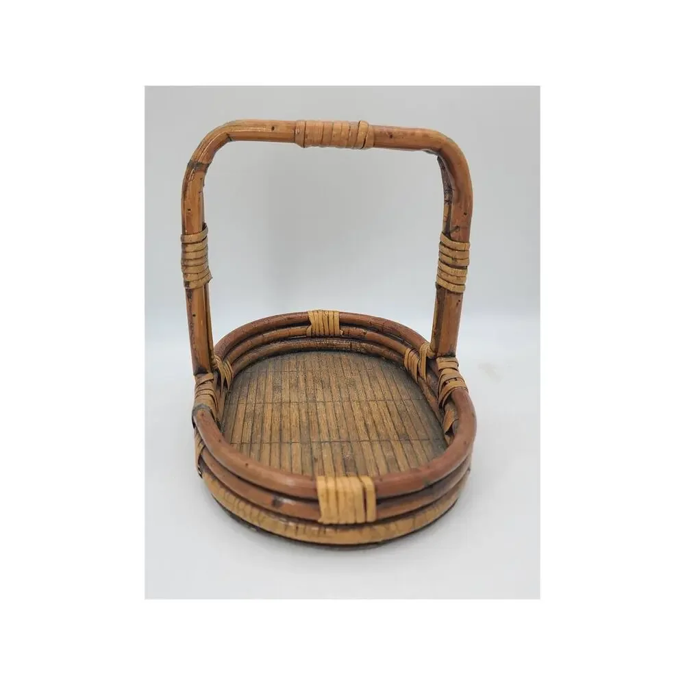 Vintage Rattan & Split Reed Oval Shape Handled Basket 9 T x 11.5 L x 8 W